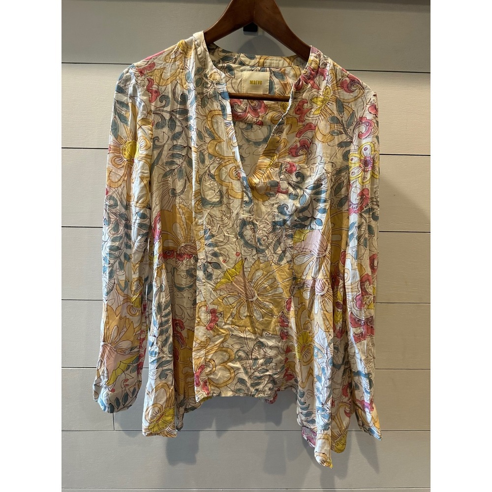 Maeve Anthropologie Yellow Pink Floral Paisley Rayon Long Sleeve Blouse Size 4